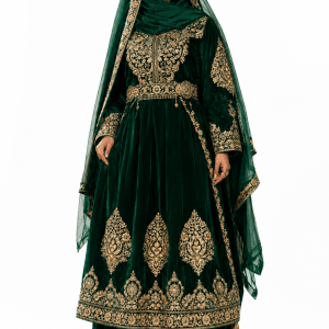 Luxurious bridal Afghan gown with heavy handmade mirrorwork and coin embellishments by Fayez Store