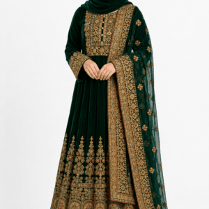 Elegant Afghan Muslim woman wearing a luxury handmade Kabul Dress with traditional embroidery and matching hijab on a white background.