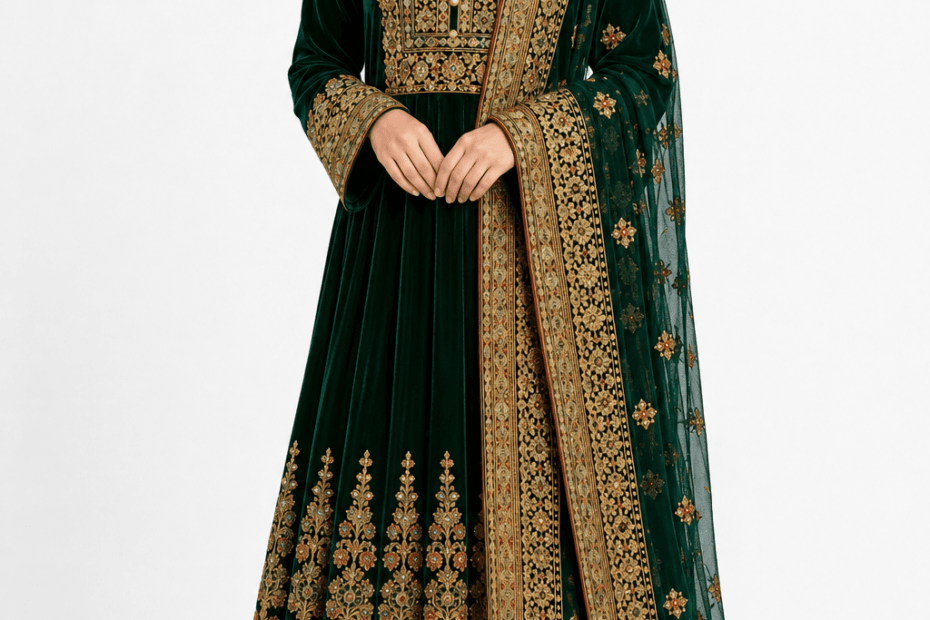 Elegant Afghan Muslim woman wearing a luxury handmade Kabul Dress with traditional embroidery and matching hijab on a white background.