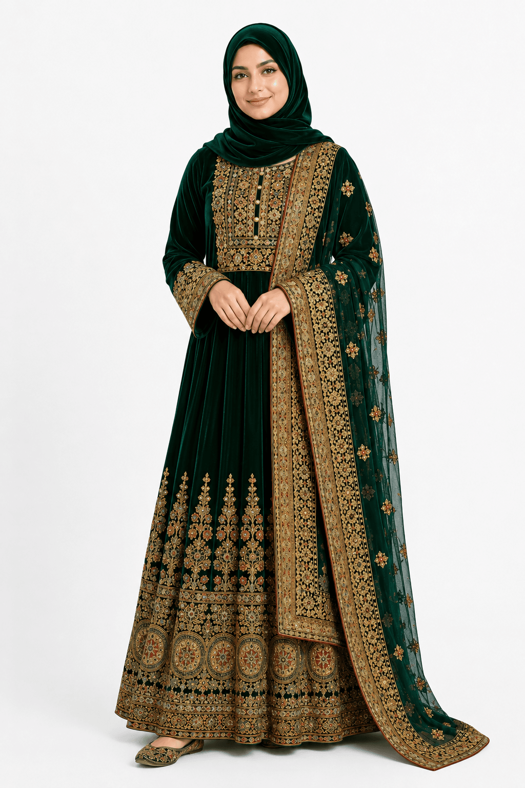 Elegant Afghan Muslim woman wearing a luxury handmade Kabul Dress with traditional embroidery and matching hijab on a white background.