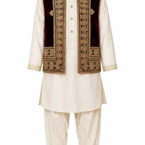 Kids Traditional Afghan Clothing Set with Embroidered Velvet Waistcoat and Perahan Tunban for Boys