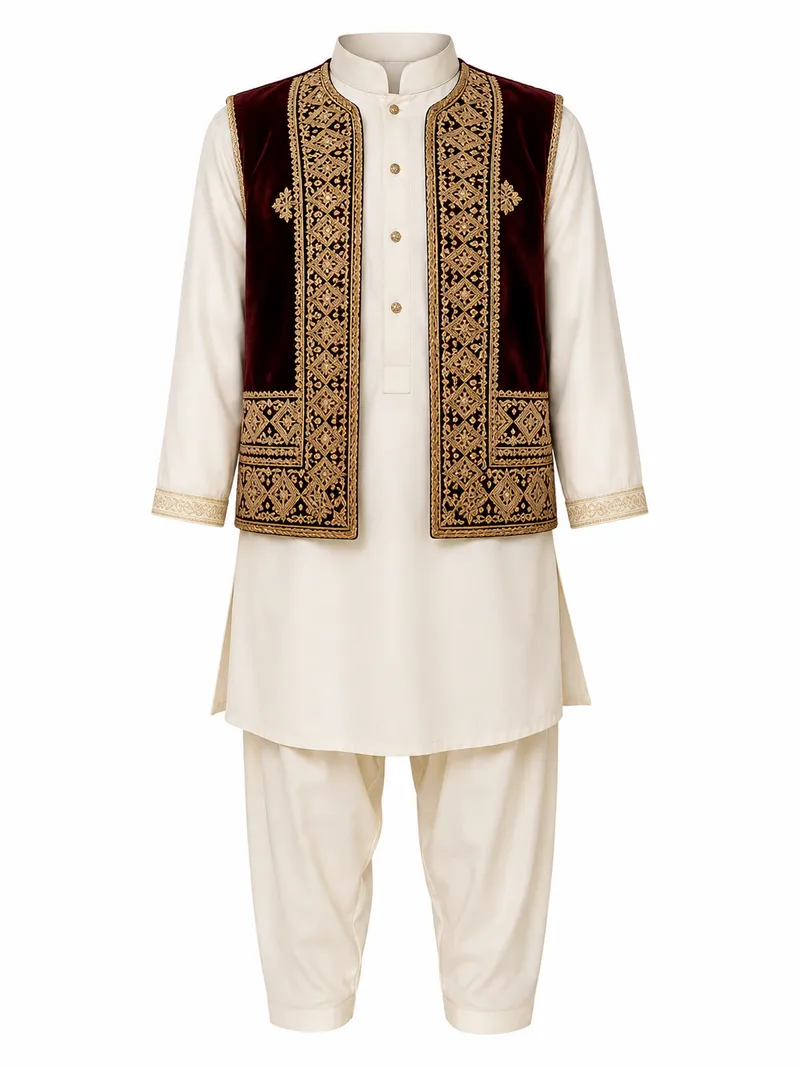 Kids Traditional Afghan Clothing Set with Embroidered Velvet Waistcoat and Perahan Tunban for Boys