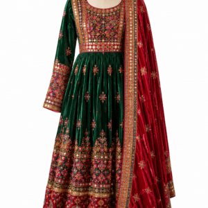 Premium velvet Kabul dress with golden traditional embroidery by Fayez Store