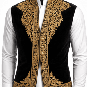 Luxury men's black velvet waistcoat with royal gold traditional embroidery by Fayez Store