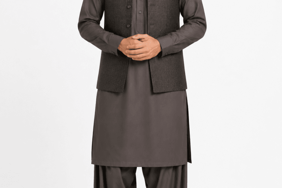 Elegant Afghan man wearing premium traditional Perahan Tunban with modern tailoring and authentic Afghan craftsmanship.