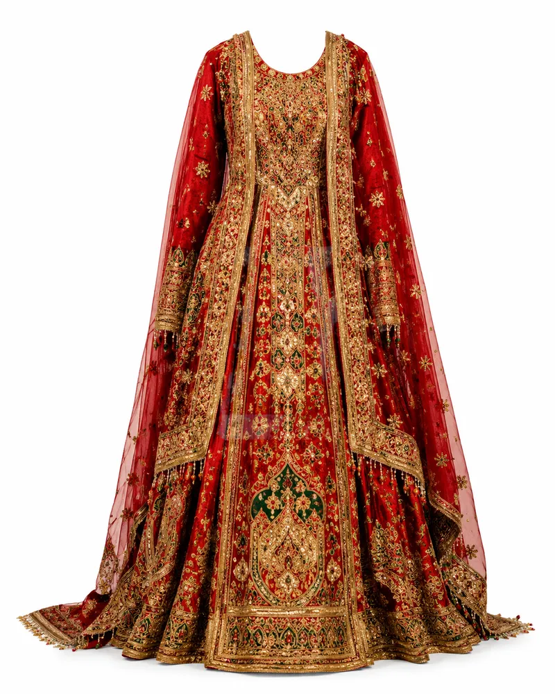 Traditional Afghan embroidery on a handmade Afghan dress with colorful needlework on a white background.